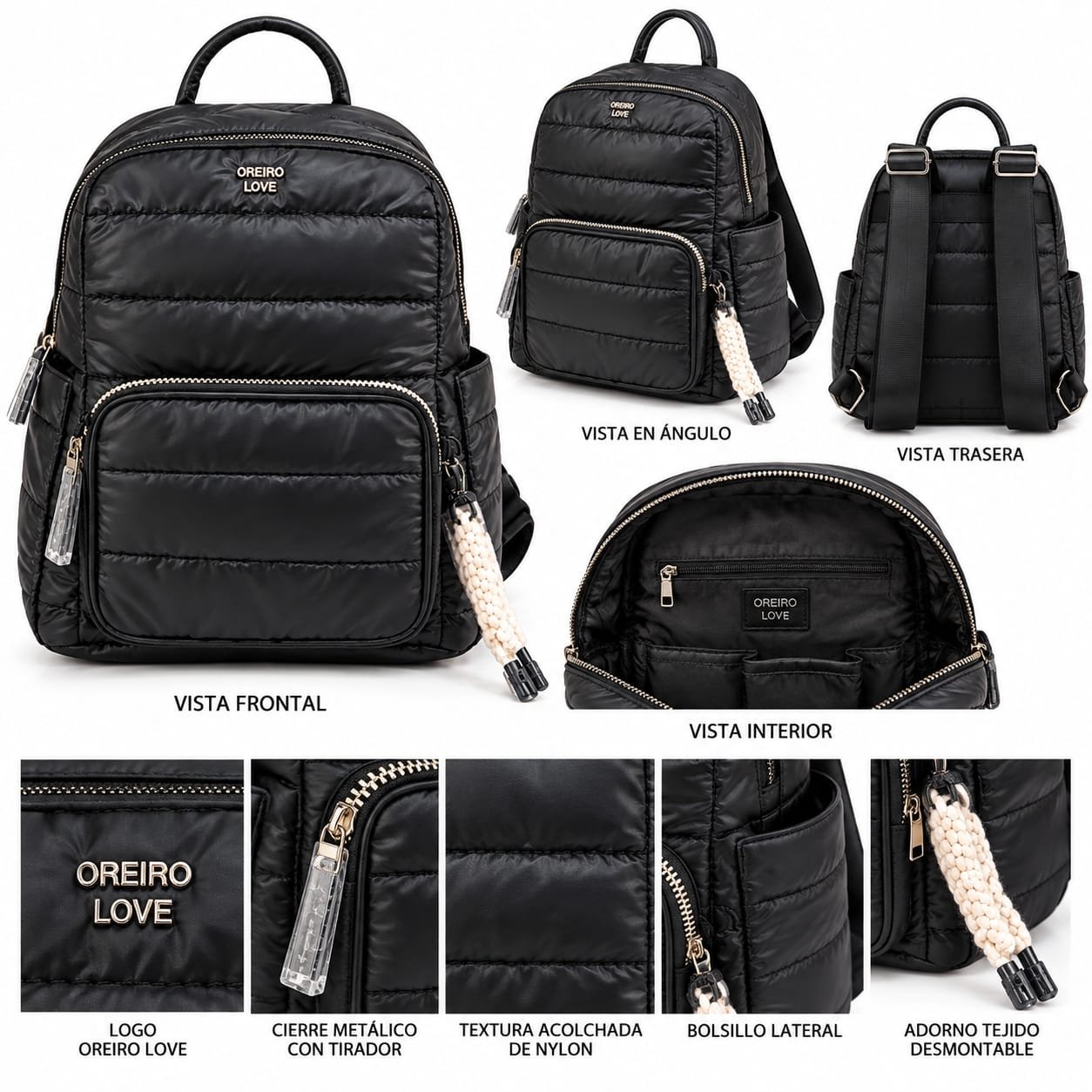 LAS OREIRO MOCHILA 29582 NEGRO BEIGE NYLON 100% CON BOLSILLOS Y LLAVERO